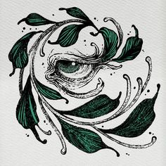 a drawing of an eye surrounded by leaves and swirls in green on white paper