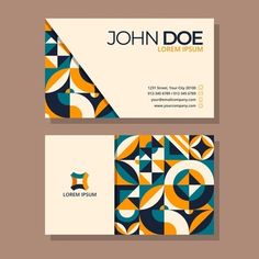 a business card with an abstract design on the front and back, in yellow blue and white