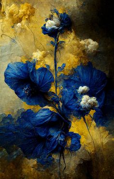 blue and yellow flowers against a dark background