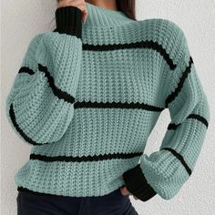 Striped Mock Neck Drop Shoulder Turtleneck Sweater. This Listing Is For Seafoam Green Sweater, Other Colors Listed Separately. Ships In 6-10 Days~All Purchases Shipped With A Special Gift 100% Acrylic Size Tags Are Letters S-(4) M-(6) L-(8-10) Cadet Blue, Top Jeans, Pullover Outfit, Mode Casual, Drop Shoulder Sweaters, Casual Stripes, Beige Sweater, Denim Overalls, Outfits Casuales