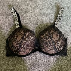 Never Worn Bombshell Bra With Rhinestone Straps. Ultimate Push-Up Bra With Black Lace Detail. No Stone Are Missing On Straps Bling Bra, Vs Bombshell, Push Up Bra, Black Tan, Black And Tan, Lace Detail, Women's Intimates, Black Lace, Push Up