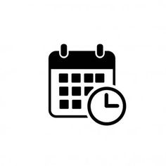 a black and white calendar icon with a clock