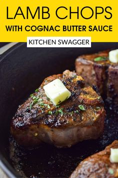 steaks with butter and parsley in a skillet