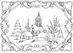 a black and white drawing of a winter scene with houses in the snow, surrounded by trees