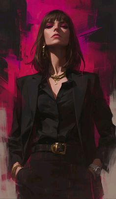 a painting of a woman wearing a black suit and gold necklace with her hands in her pockets