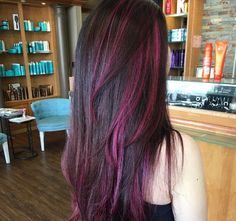 Hair Highlights Purple, Peekaboo Hair Highlights, Highlights Purple, Dark Pink Hair, Peekaboo Highlights, Highlights Ideas