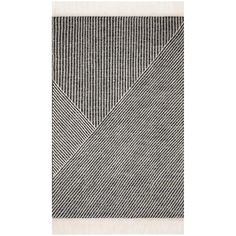 a black and white rug with diagonal stripes on the bottom, in front of a white background