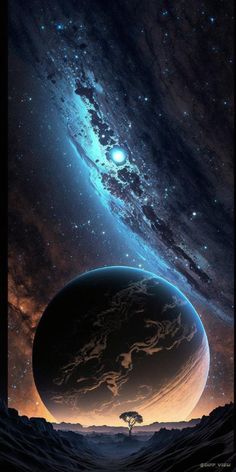 an artist's rendering of the planets and stars in outer space, with a lone tree at the far end