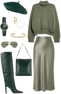 How To Style A Champagne Dress, Dark Color Outfits For Women, Silky Green Skirt Outfit, Green Satin Outfit, Parisian Lipstick, Coastal Cocktail Attire, Green Business Outfit, Chic Style Inspiration Classy, Monochromatic Outfit Green