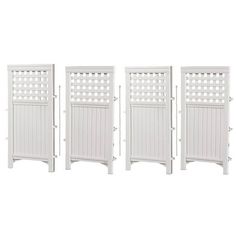 four white wooden privacy panels with lattice design