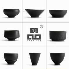 various black bowls are shown with different shapes and sizes in each bowl, including the top one