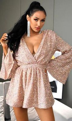 Bedroom Eyes Rose Gold Pink Champagne Sequin Long Sleeve Plunge V Neck – Indie XO Shape Party, Pink Sequin Dress, Party Mini Dress, Flare Long Sleeve, Dress Bra, Pink Sequin, Sequin Mini, Sequin Fabric, Sequin Mini Dress