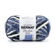 yarn ball with blue and white stripes on the top, in front of a white background