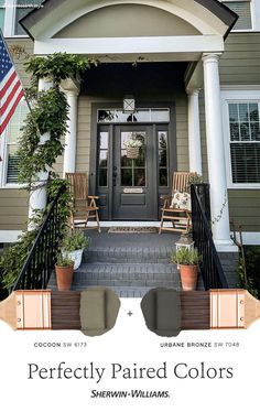 the front entrance to a home with two chairs and an american flag on it's porch