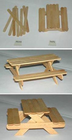 three different views of the same table and bench made out of wood planks,