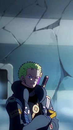 an anime character with green hair holding a toothbrush in his hand and looking at the camera