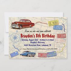 an old car birthday party card with the words, bradden's 8th birthday