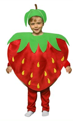 a young boy in a strawberry costume