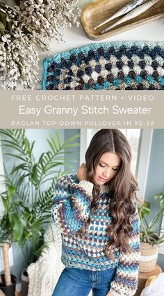 a woman wearing a crochet granny sweater with text overlay that reads, free crochet pattern video easy granny stitch sweater