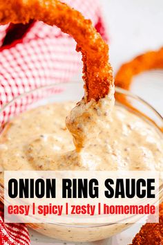 onion ring sauce in a small glass bowl with a red and white checkered napkin