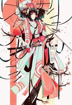 an anime character holding two swords in her hand and wearing a kimono with flowers on it