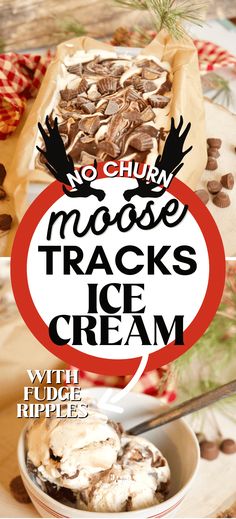 there is a bowl with ice cream and nuts in it that says no crust moose tracks ice cream