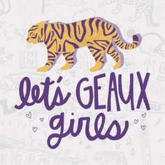 the words let's glamx girls are written in purple and yellow tiger silhouettes