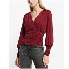 This Dark Red Rushed Satin Top Is Perfect For A Winter Night Out! V-Neck, Pleated Shoulder, 88% Recycled Polyester, 12% Spandex. Never Worn, Pristine Condition. Fits True To Size. Party V-neck Ruched Tops, Red V-neck Tops For Brunch, Red V-neck Top For Brunch, Fall V-neck Top For Date Night, Burgundy Tops For Date Night In Fall, Burgundy Long Sleeve Tops For Night Out, Chic Burgundy V-neck Blouse, Burgundy V-neck Top For Date Night, Red Tops For Date Night In Fall