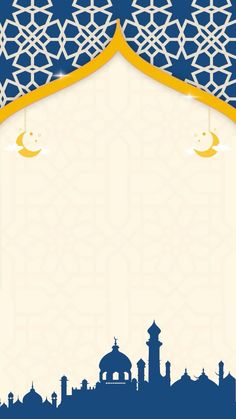 an islamic background with mosques and crescent shapes in blue, yellow and white colors