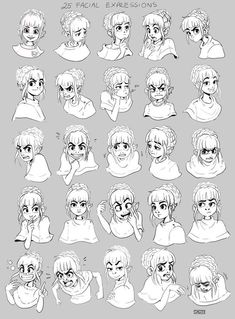 an anime character's face expressions and their expressions are drawn in black ink on white paper