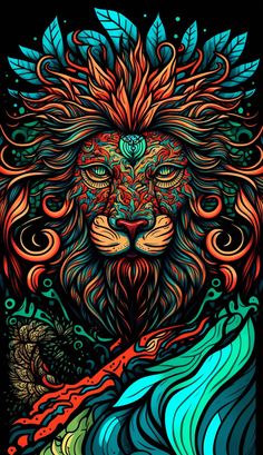 a colorful lion is shown in the middle of an image with waves and leaves on it