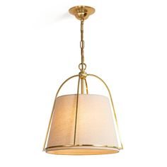 a light fixture with a white shade hanging from it's center point on the ceiling