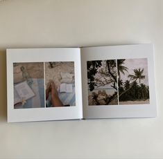 an open book with pictures of people on the beach and palm trees in the background