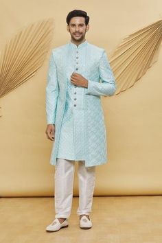 Shop for Khwaab by Sanjana Lakhani- Men Blue Art Silk Embroidered Sherwani Set for Men Online at Aza Fashions Blue Floral Art, Sky Blue Weddings, Blue Sherwani, Haldi Dress, Embroidered Sherwani, Robin Blue, Sherwani Groom