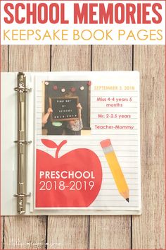 an apple and pencil on top of a notebook with the words school memories keepsake book pages