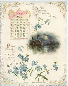 a calendar with blue flowers in the foreground and an image of a house on it