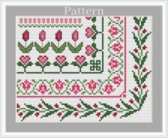 a cross stitch pattern with pink flowers and green leaves on the border, in front of a