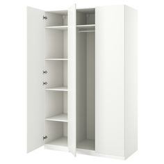 an open white cabinet with shelves on both sides