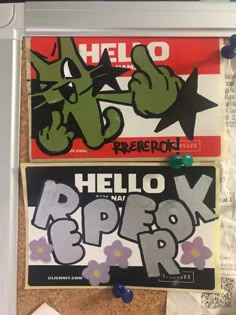 some stickers on the side of a refrigerator door that are covered in paper and magnets