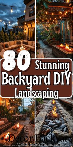 the back yard is decorated with string lights and fire pit for an outdoor entertaining area