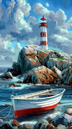 a painting of a boat on the water with a lighthouse in the background