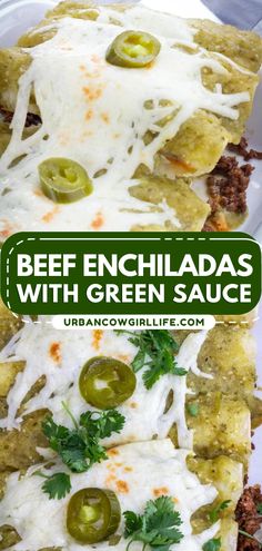 beef enchiladas with green sauce and jalapenos on a plate