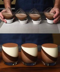 three different shots are being made with chocolate and marshmallows on the side