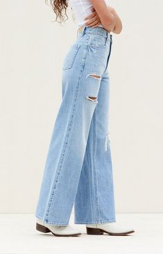 PacSun Medium Indigo Ripped Wide Leg Jeans | PacSun Cute Ripped Straight Leg Jeans, Cheap Light Wash Jeans For Everyday, Playful Cheap Medium Wash Jeans, Pacsun Eco Medium Blue Distressed High Waisted Straight Leg Jeans, Playful Medium Wash Cheap Jeans, Cheap Light Wash Jeans For Summer, Cheap Faded Jeans For Summer, Cheap Denim Jeans For Beach, Cheap Summer Denim Jeans