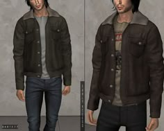 two different views of a man in a jacket and jeans, one with black hair