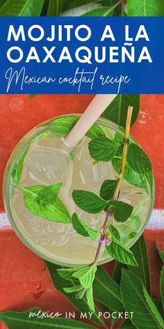 the mexican cocktail recipe is shown with mint leaves