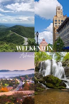 the words weekend in australia are overlaided with images of mountains, waterfalls and buildings