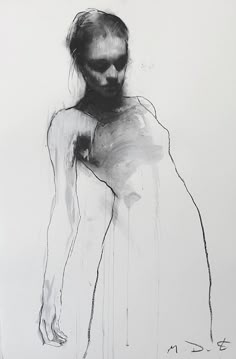 a black and white drawing of a woman with her hands behind her back, standing in front of a wall