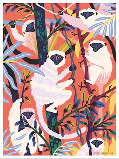 an orange and blue painting with white birds in the trees on it's sides