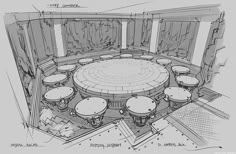 a drawing of a circular room with tables and stools